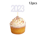 Maxbell 12Pcs 2023 Cupcake Topper Glitter for Party Decor Birthday Theme Supplies Argent