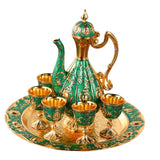 Maxbell Turkish Coffee Pot Set Drinkware Teapot Set for Dining Room Cabinet Table Aureate and Green