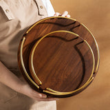 Maxbell Vintage Round Wooden Serving Tray with Golden Handle for Kitchen Home Dinner S