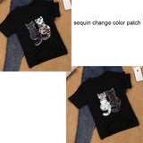 Max Cute Cat Sequins Sewing Applique Reversible Embroidery Clothes Patches Black