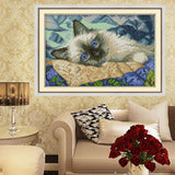 Max Handmade Ribbon Embroidery Cat Painting Kit Stamped Cross Stitch 30 x 21cm