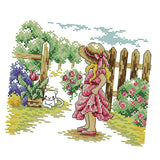 Max Girl in Garden Stamped Cross Stitch Kit DIY Handmade Needlework 26x21cm 14CT