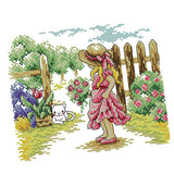 Max Girl in Garden Stamped Cross Stitch Kit DIY Handmade Needlework 26x21cm 14CT