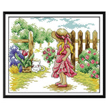 Max Girl in Garden Stamped Cross Stitch Kit DIY Handmade Needlework 26x21cm 14CT