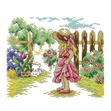 Max Girl in Garden Stamped Cross Stitch Kit DIY Handmade Needlework 26x21cm 14CT