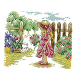 Max Girl in Garden Stamped Cross Stitch Kit DIY Handmade Needlework 26x21cm 14CT
