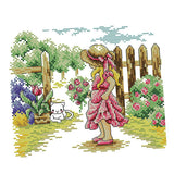 Max Girl in Garden Stamped Cross Stitch Kit DIY Handmade Needlework 26x21cm 14CT