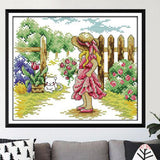 Max Girl in Garden Stamped Cross Stitch Kit DIY Handmade Needlework 26x21cm 14CT