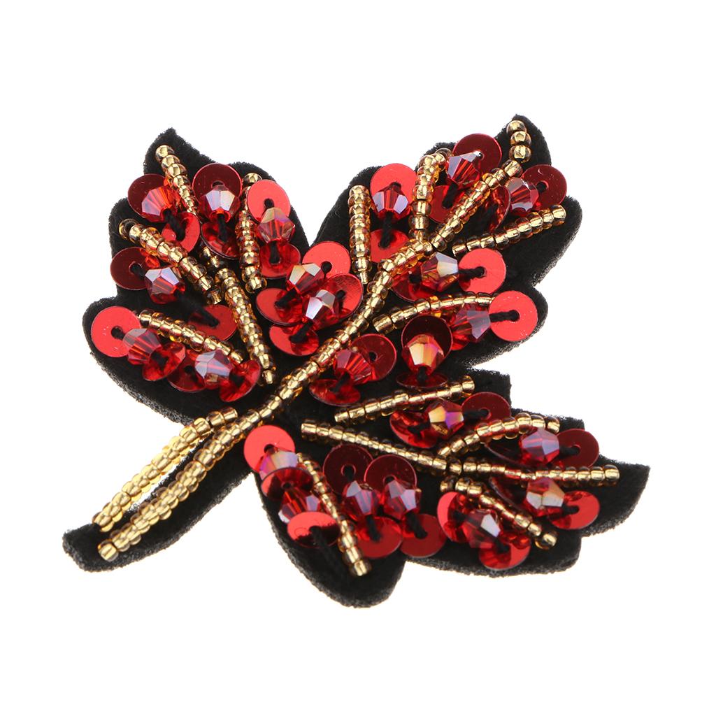 Max Beaded Sequin Maple Leaves Patches Applique for Bags Clothes Red + Yellow