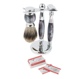 Max Maxb Men Shaving Brush Double Edge Razor Metal Stand Holder Blades Set Purple