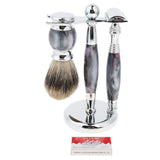 Max Maxb Men Shaving Brush Double Edge Razor Metal Stand Holder Blades Set Purple