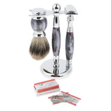 Max Maxb Men Shaving Brush Double Edge Razor Metal Stand Holder Blades Set Purple