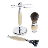 Maxbell Mens Shaving Kit Gift Set w/5 Layer Blade Razors Brush & Stand Holder Beige