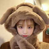 Girl Fashion Plush Hat Scarf Set Rabbit Ear Novelty Caps Hooded Scarf Khaki