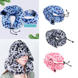 Maxbell Ergonomic Memory Foam Neck Travel Pillow with Hoodie for Airplane Car Home Blue