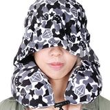 Maxbell Ergonomic Memory Foam Neck Travel Pillow with Hoodie for Airplane Car Home Blue