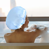 Maxbell Shower Cap Reusable Waterproof Layer Bathing Hair Cap for Salon Girls Ladies Blue