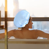 Maxbell Shower Cap Reusable Waterproof Layer Bathing Hair Cap for Salon Girls Ladies Blue