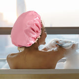 Maxbell Shower Cap Reusable Waterproof Layer Bathing Hair Cap for Salon Girls Ladies Rose Pink