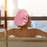 Maxbell Shower Cap Reusable Waterproof Layer Bathing Hair Cap for Salon Girls Ladies Rose Pink