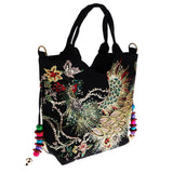 Max Handmade Peacock Embroidery Ethnic Travel Shoulder Bag Women Bags Black