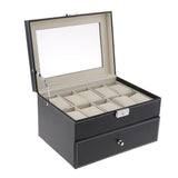 Max 20 Slots PU Leather Watch Display Case Glass Top Jewelry Storage Organizer