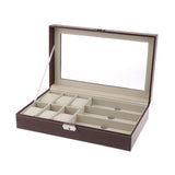 Max 9 Grids PU Leather Watch Box Storage Organizer Glasses Display Case Brown