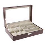 Max 9 Grids PU Leather Watch Box Storage Organizer Glasses Display Case Brown