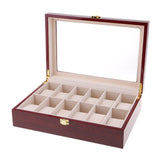 Max 12 Slots Wood Watch Display Case Holder Glass Top Jewelry Storage Organizer