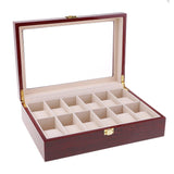 Max 12 Slots Wood Watch Display Case Holder Glass Top Jewelry Storage Organizer