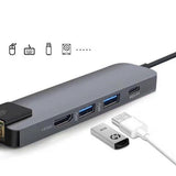 Maxbell 5 in 1 Type C Hub to USB3.0 HDMI 4K Gigabit Ethernet Rj45 Adapter  Gray