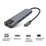 Maxbell 5 in 1 Type C Hub to USB3.0 HDMI 4K Gigabit Ethernet Rj45 Adapter  Gray