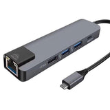 Maxbell 5 in 1 Type C Hub to USB3.0 HDMI 4K Gigabit Ethernet Rj45 Adapter  Gray