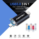 Maxbell Portable 3in1 256GB USB3.0 Flash Drive Type-C&Micro USB Memory Stick Silver