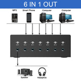 Maxbell Audio Switch Audio Switcher Box 6 in 1 Out Portable Compact for Laptop Phone