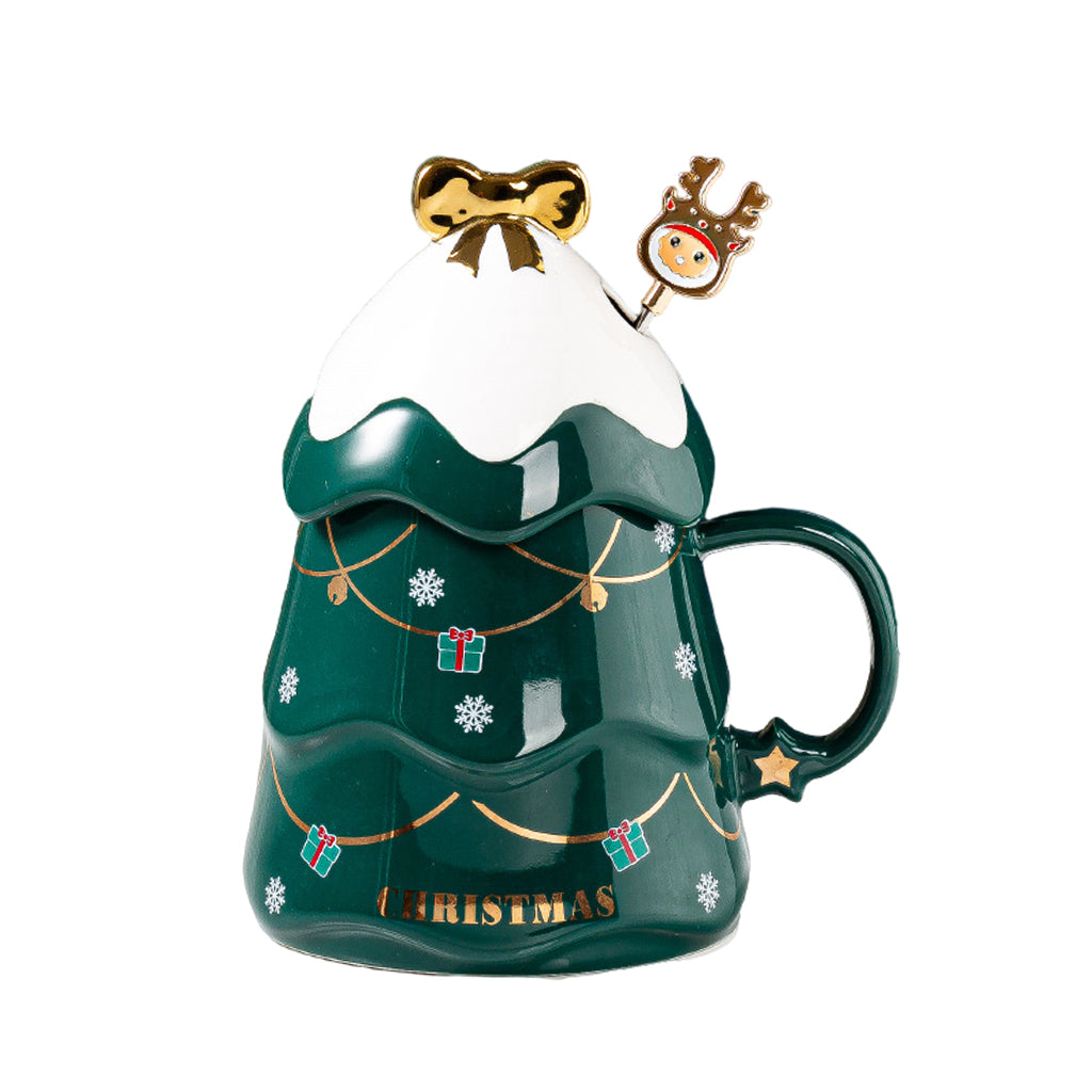 Maxbell 1PC Cartoon Christmas Tree Coffee Mug with Lid and Spoon for Home Office green