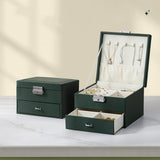 Maxbell Jewellery Box Organiser Locking Double Layer PU Leather Jewelry Case Green