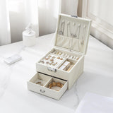 Maxbell Jewellery Box Organiser Locking Double Layer PU Leather Jewelry Case White