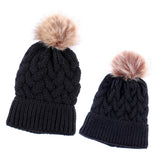 Maxbell 2PCS Parent-Child Beanie Hairball Cap Ball Warm Winter Knitted Hat Black