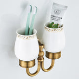 Antique Brass Carved Flower Wall Mounted Ceramic Bathroom Dual Cup Toothbrush Holder - Aladdin Shoppers