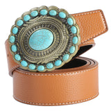 Maxbell Men's Belt Vintage Turquoise Buckle Indian Style 1-1/2" (38mm) Wide Fashion Brown