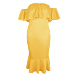 Maxbell Sexy Off the Shoulder Ruffle Bodycon Dress Mermaid Midi Dress L Yellow