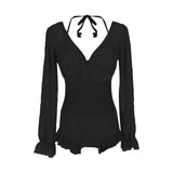 Maxbell Bathing Suit Lace Bikini Swimsuit Long Sleeve Summer Women Onepiece Swimwear Black L