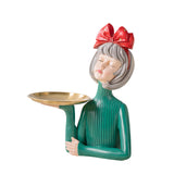 Maxbell Multi Purpose Girls Statue with Tray Figurine for Tabletop Cabinet Entryway Red Bow