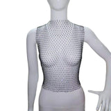 Maxbell Mesh Crop Sleeveless Hollow Out for Festival Rave Dance Summer Black Round Neck