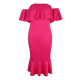 Maxbell Sexy Off the Shoulder Ruffle Bodycon Dress Mermaid Midi Dress L Rose