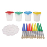 Maxbell Art Supply 4 Piece Children No Spill Paint Cups with Colored Lids and 12 Piece Large Round Brush Set with Plastic Handles and Palette