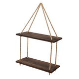 Maxbell 2 Tier Wood Hanging Swing Rope Floating Shelf Rack Rustic Wall Decor Brown