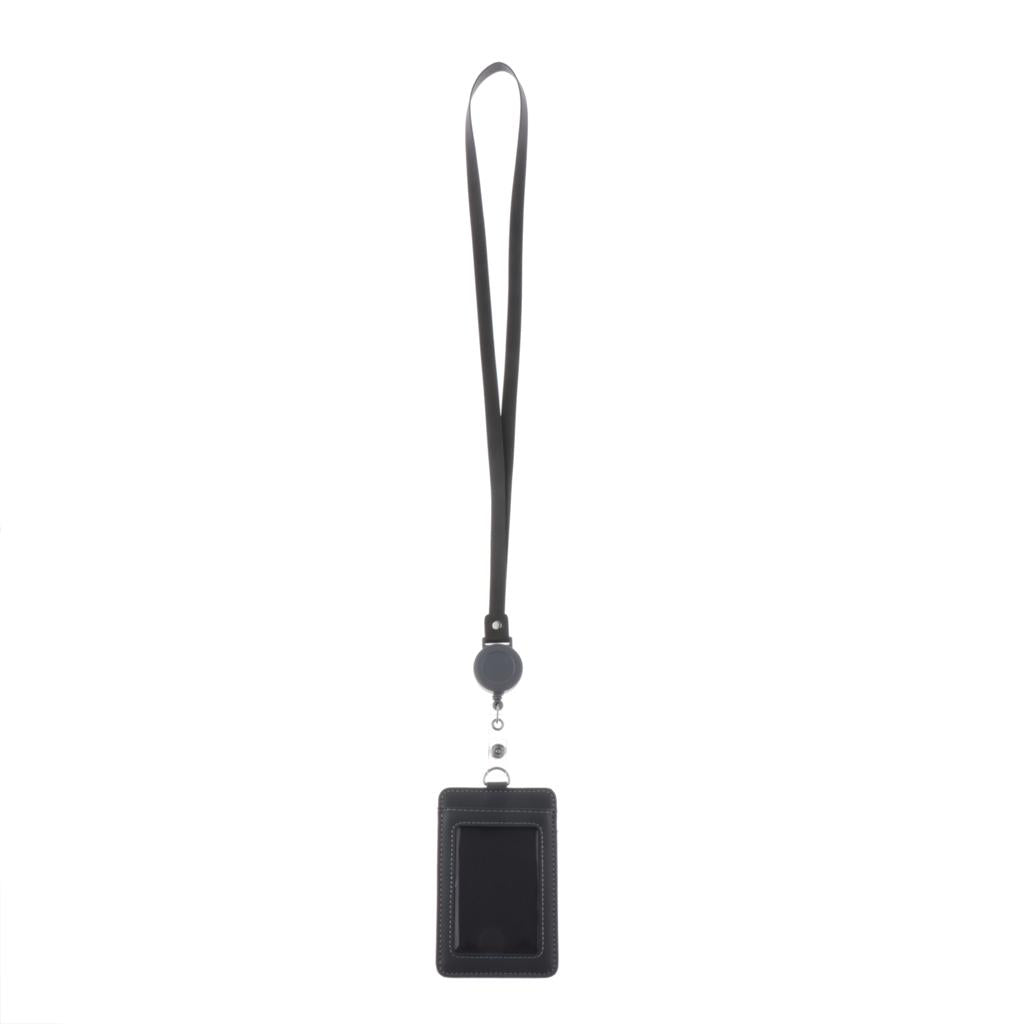 Max 2-Sided Vertical Pu Leather Badge Card Holder Neck Strap Lanyard Dark Gray