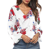 Maxbell Women's V-Neck Bell Sleeve Blouse Floral Print Wrap Front Top Shirt L White